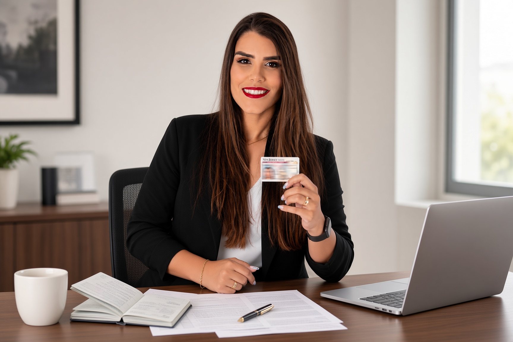 Larissa Lázaro entregando uma carteira de motorista de New Jersey no escritório da LGL
